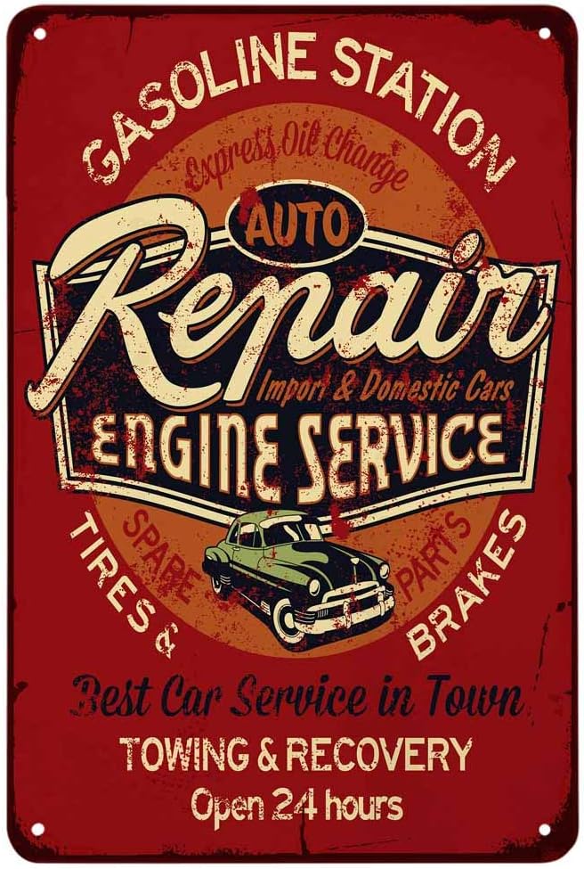 Auto Repair Shop Hours - 自動車修理エンジンサービスのブリキ看板、ガソリンスタンドのタイヤ、ブレーキ、24時間営業、カフェ、バー、パブ、ショップ用のヴィンテージメタルブリキ看板